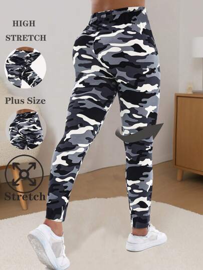 Plus Size Women Camouflage Print Leggings, Casual Gray & White Soft, Comfortable, High Elasticity, Suitable For Everyday Wear, Workout, Running, Yoga, Fitness Training