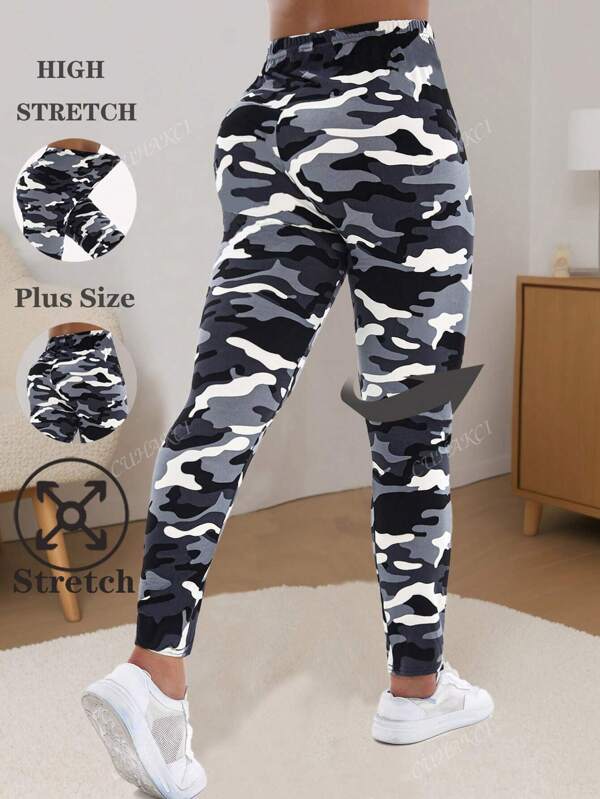 Plus Size Women Camouflage Print Leggings, Casual Gray & White Soft, Comfortable, High Elasticity, Suitable For Everyday Wear, Workout, Running, Yoga, Fitness Training