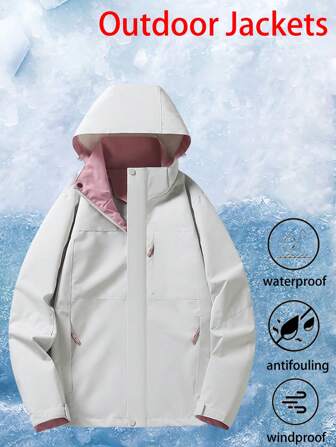 1 st. damjacka för utomhussport, vindtät, vattentät, avtagbar huva, vandrings-/campingjacka, vår och höst, fleece, skidåkning