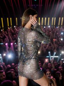 狂欢节闪亮水钻派对迷你情人节连衣裙女士时尚 Y2k 紧身春季性感连衣裙俱乐部透明长袖女孩生日礼物连衣裙 - 黑色 - 查看 6