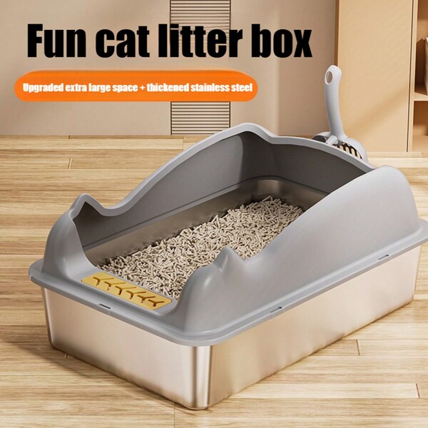 Caja de arena extra grande de acero inoxidable con tapa, caja de arena para gatos con pared alta y cerrada para evitar fugas, caja de arena de metal XL con pala, caja de arena fácil de limpiar para varios gatos, bandeja de arena antiadherente