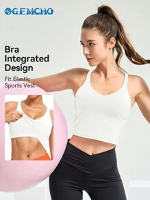 GEMCHO Camiseta de yoga deportiva para mujer con soporte medio, sin aros, con relleno y diseño de tirantes largos, para primavera/verano