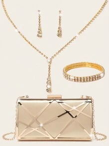 4 件套女士水晶首饰钻石首饰套装婚礼闪亮晚宴手提包闪亮项链手链新娘和伴娘吊坠耳环女士晚宴手提包优雅高端手提包精致缎面金属镂空手提包婚礼舞会派对手提包