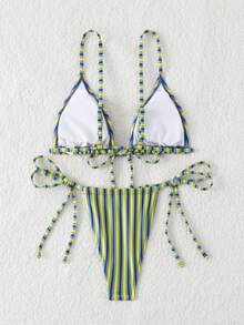 Sexy Tie-String Triangle Bikini Swimwear Set, For Summer Beach Vacation - Multicolor - View 2