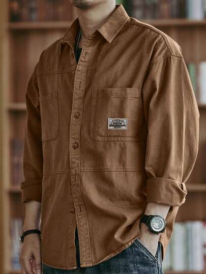 Men's Casual Cotton Shirt, Solid Color, Comfortable, Multi-Pocket, Vintage Style, Suitable For Daily Wear, Spring/Autumn