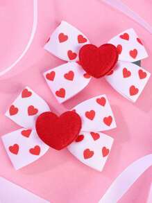 2pcs Sweet Style Valentine's Day Hair Accessories, Color Matching Fabric Bowknot Hair Clips With Felt Heart, Non-Slip Bow Barrettes For Girls - 2pcs - View 1