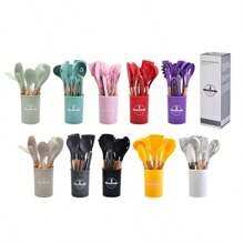 12pcs/Set Wooden Handle Silicone Kitchenware Set, Non-Stick Cooking Utensils Spatulas And Spoons, Heat-Resistant Silicone