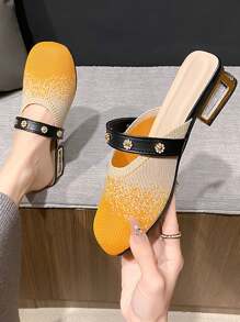 Ladies High Heel Slip-On Mules, Retro British Style Half Backless Granny Shoes, Casual French Buckle Diamond Loafers, Versatile Round Toe Chunky Heel Mary Janes, Slip-On Flats - Yellow - View 4