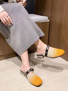 Ladies High Heel Slip-On Mules, Retro British Style Half Backless Granny Shoes, Casual French Buckle Diamond Loafers, Versatile Round Toe Chunky Heel Mary Janes, Slip-On Flats - Yellow - View 1
