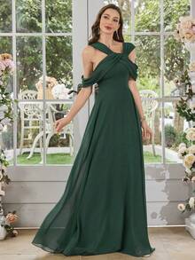 UNITHORSE Women's Ruched V-Neck Sleeveless Bodycon Backless Party Dress, Bridesmaid Dress - Dark Green - View 6