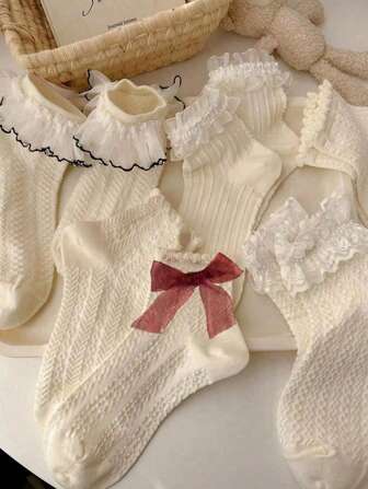 5 双女式可爱蕾丝边纯色仿珍珠蝴蝶结中筒袜