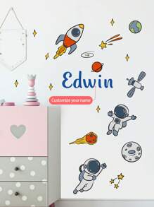1pc Personalized Name Astronaut Wall Sticker For Boys Bedroom, Cartoon Spaceman Alien Planets Creative Removable Wall Decal, Star Spaceship Wallpaper Decoration For Kids Room, Nursery Gifts Birthday Graduation
