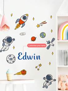 1pc Personalized Name Astronaut Wall Sticker For Boys Bedroom, Cartoon Spaceman Alien Planets Creative Removable Wall Decal, Star Spaceship Wallpaper Decoration For Kids Room, Nursery Gifts Birthday Graduation