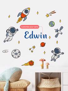 1pc Personalized Name Astronaut Wall Sticker For Boys Bedroom, Cartoon Spaceman Alien Planets Creative Removable Wall Decal, Star Spaceship Wallpaper Decoration For Kids Room, Nursery Gifts Birthday Graduation
