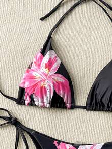 Women's Floral Print Bikini Set, Tie-Up Triangle Top And Tie-Side Triangle Bottom, Summer