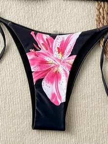 Women's Floral Print Bikini Set, Tie-Up Triangle Top And Tie-Side Triangle Bottom, Summer