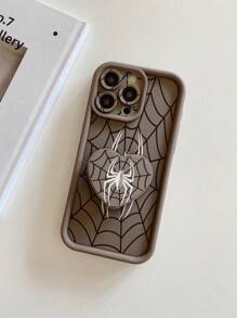 1pc Heart-Shaped Phone Holder & Cobweb Pattern Protective Phone Case With Camera Lens Protection Compatible With Iphone 11 Pro Max/12 Pro Max/13 Pro Max/14 Pro Max/15 Pro Max/IPhone 16 Plus/IPhone 16 Pro Max, Redmi, OPPO/Realme, VIVO, Infinix, Honor, One Plus - Brown - View 7