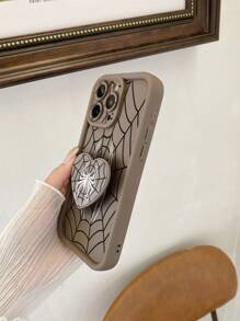 1pc Heart-Shaped Phone Holder & Cobweb Pattern Protective Phone Case With Camera Lens Protection Compatible With Iphone 11 Pro Max/12 Pro Max/13 Pro Max/14 Pro Max/15 Pro Max/IPhone 16 Plus/IPhone 16 Pro Max, Redmi, OPPO/Realme, VIVO, Infinix, Honor, One Plus - Brown - View 2