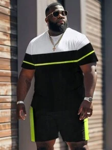 Men Plus Size Street Casual Colorblock Striped Print Tee & Shorts Set - Multicolor - View 3