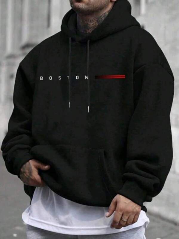 Sudadera Con Capucha De Cuello Redondo Para Hombre Con Estampado De boston, Bolsillo Canguro Y Cordón, Manga Larga, Suelta Y Casual, Ideal Para Regalar En Otoño E Invierno Como Ropa De Hombre