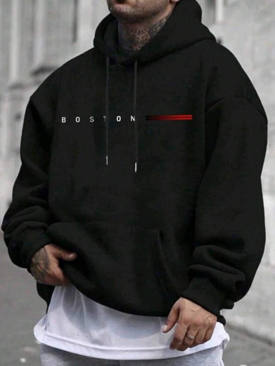 Men's Round Neck Hoodie With Boston Print, Kangaroo Pocket And Drawstring, Long Sleeves, Loose And Casual, Ideal For Gifts In Autumn And Winter As Men's Clothing - 黑色 - 查看 1