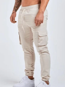 Cream Jogger Pants, Cargo Pants - Men's Breathable Slim Fit Drawstring Long Shorts, Ideal For Hiking, Jogging, Cycling, Outdoor Fitness, And Exercise - Solid Color, Multiple Pockets