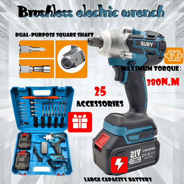 SUBY 1 Set SUBY Cordless Impact Wrench With 25Pcs Electric Tool Accessories Kit, Suitable For Auto Repair, Scaffold Installation Tools