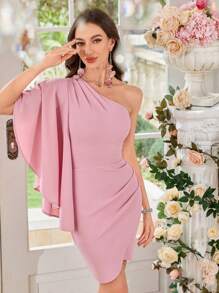 UNITHORSE Women's Asymmetric Sleeve Bodycon Mini Dress, Minimalist Elegant Party Cocktail Dress, Wedding Guest Dress - Pink - View 6