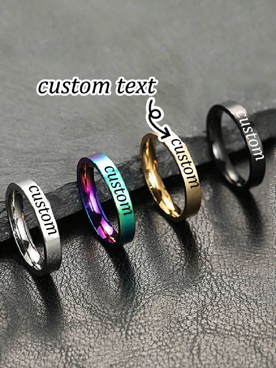 1pc Customized Minimalist Handwritten Text Stainless Steel 4mm Wide Ring, Engraved Anniversary, Gift For Lover, Family, Festival
