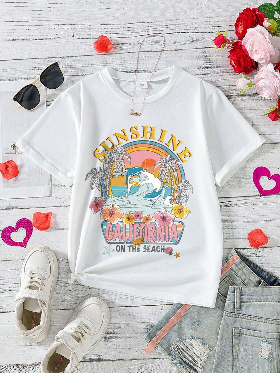 女童卡通印花短袖休闲上衣，日常穿着