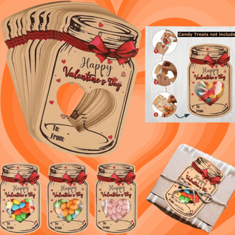 24pcs Mason Jar Valentine's Day Card Set, Includes Candy Bags - DIY Holiday Gifts, Classroom Exchanges, Graduation Ceremonies And Birthday Parties, Fun DIY Craft Kit, Heart-Themed Paper Cards (Candy Not Included)