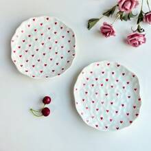 1 件 Ins 风格手绘迷你心形陶瓷盘，8 英寸牛排/意大利面盘，轻巧奢华餐具，适合下午茶、甜点、早餐、创意情人节礼物