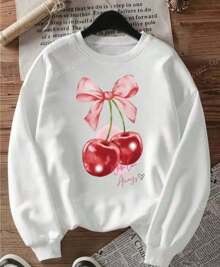 Sudadera de manga larga con estampado de  cherry moño  - Cuello redondo cómodo, ideal para deportes al aire libre, estilo para todas las estaciones
