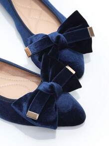 Women's Pointed Toe Burgundy Bow Decor Fashion Flat Velvet Ballet Flats, Navy