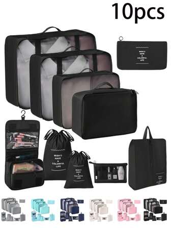 10 st/set förvaringsväskor för resor, stora klädorganiseringsväskor, skopåsar, bagagekuber, resematerial, kompressionskubber, nätbärväskor, organisering och förvaring, resetillbehör, skolstart, studentrumsmaterial, bagageväskor, reseväskor, skopåsar, resebehov