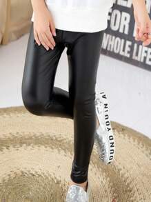 1pc New High Waist PU Leather Leggings, Slimming Skinny Fit For Plus Size, Stretchy - Black - View 4