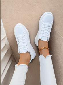 Nuevos tenis casuales blancos de mujer con cordones y tacón dorado minimalista de moda, zapatillas versátiles planas - blanco (tacón negro) - Ver 3