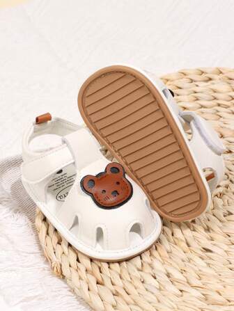 1 Pair Toddler Boys' Cartoon Bear PU Hook And Loop Design Flat Non-Slip Breathable 0-1 Years Old Infant First Walker Cute Fashion Sandals Suitable For Spring/Summer