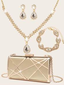 4 件套女士水晶首饰钻石首饰套装婚礼闪亮晚宴手提包闪亮项链手链新娘和伴娘吊坠耳环女士晚宴手提包优雅高端手提包精致缎面金属镂空手提包婚礼舞会派对手提包