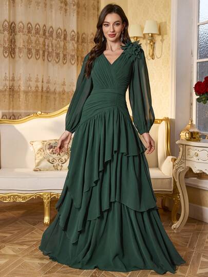 SUPGIR V-Neck Pleated Waist Pearl Trim Lantern Sleeve Long Chiffon Dress,Party Dress,Gown,Formal,Evening,Wedding Guest Spring Elegant