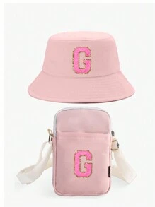2pcs/Set Kids 26 Letter Bucket Hat & Bag Set, Suitable For Boys And Girls Daily Outing Fashion Matching, Perfect Gift, Spring & Summer - Pink - View 13