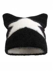 1pc Men's New Cute Street-Style Pentagram Embroidery Fluffy Cat Ear Knitted Beanie Hat, Warm Ear Protection, Autumn
