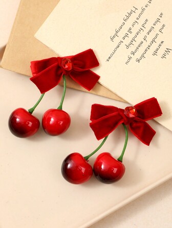 2 件樱桃红天鹅绒蝴蝶结发夹，适合日常生活、外出、约会、休闲、优雅、街头穿着，合金发夹，适合四季