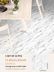 4/12/24pcs Marble Pattern Self-Adhesive Waterproof Floor Tile Stickers, Non-Slip Textured Ceramic Tile Decals For Home Decor, Adhesive Wall Paper, Thick & Moisture-Proof, 11.8x11.8inch Floor Tiles Flooring Floor Tiles Self Adhesive Floor Tiles Peel Stick Living Room Decor Room Decor Kitchen - White - View 10