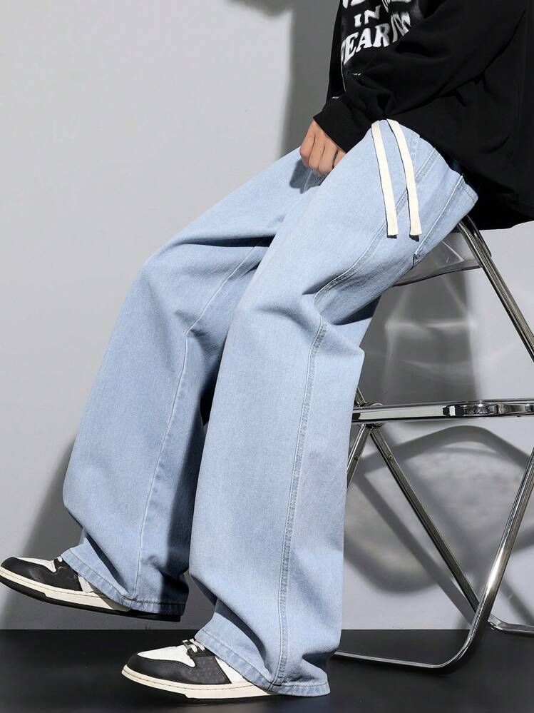 بنطلون جينز دينيم مباشر ومغسول متعدد الاستخدامات ذ...