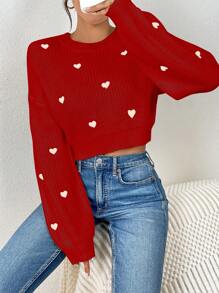 1 pieza Suéter de mujer con bordado de corazón dulce, suave y versátil de cuello redondo de manga larga, informal, para el Día de San Valentín - Rojo - Ver 6