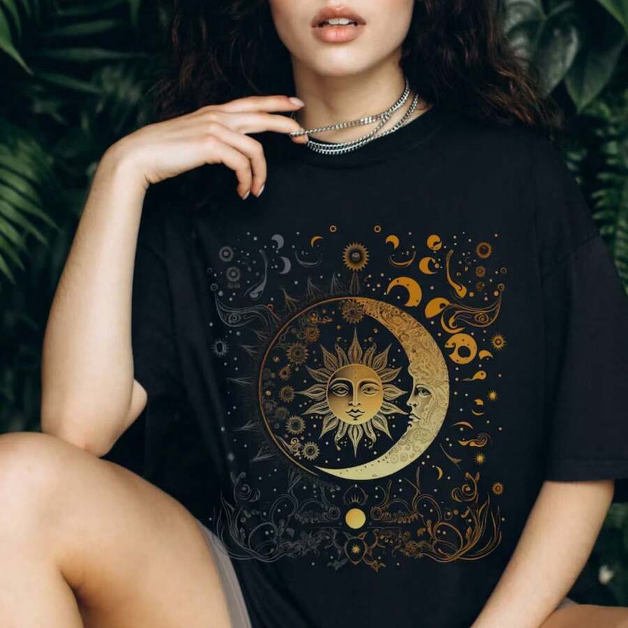 Boho Celestial Shirt Moon And Sun Graphic Tee Nightsky Shirt Oversized Comfort Colors T-Shirt Space Astrological Gifts For Her Gift For Him - Black - View 1