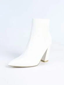 Botas de tobillo con puntera puntiaguda, tacón alto grueso y cremallera lateral, versátiles y minimalistas, para mujer, Otoño/Invierno 2025. Botas de motocicleta. - Blanco - Ver 8