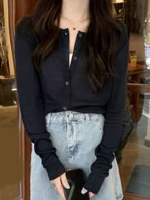 女式纯色单排扣休闲长袖 T 恤，春夏 - 黑色 - 查看 5