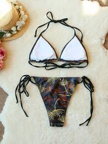 3-Piece Sexy Bikini Swimwear Set For Women, Includes Net Shawl Wrap Skirt, Strappy Back Top Swimwear With Padded Bust, Tie Side Bottom, Suitable For Summer Beach Vacation, Hot Spring